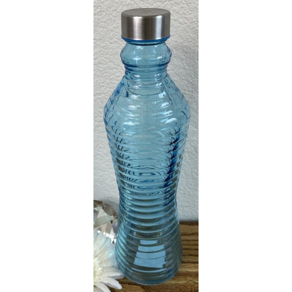 Blue Ribbed Glass Water Bottle Airtight Leakproof Kitchen Decor Storage 1 L
